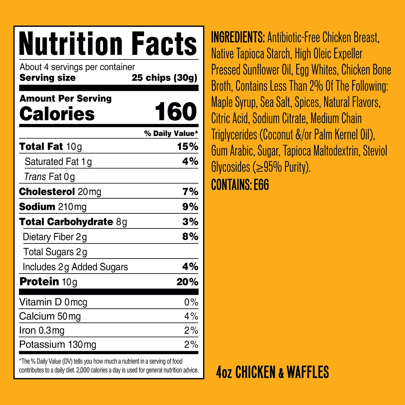 Nutrition Facts panel and ingredients for 4oz Chicken & Waffles; Calories 160, Protein 10g; CONTAINS: EGG.