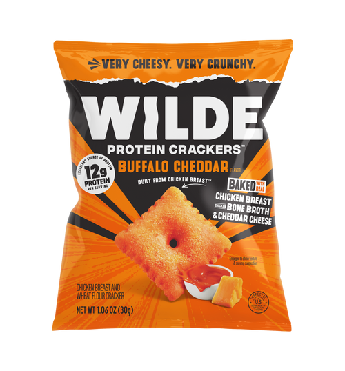 Front view of Wilde Buffalo Cheddar cracker bag showing WILDE logo, Buffalo Cheddar flavor text, 12g protein badge and a close-up seasoned cracker