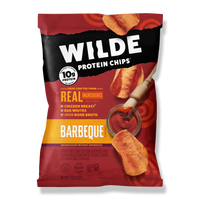 Front of Wilde Protein Chips bag, Barbeque flavor emphasizing 10g protein and real ingredients. 