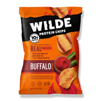 Front of Wilde Protein Chips bag, buffalo style flavor emphasizing 10g protein and real ingredients. 