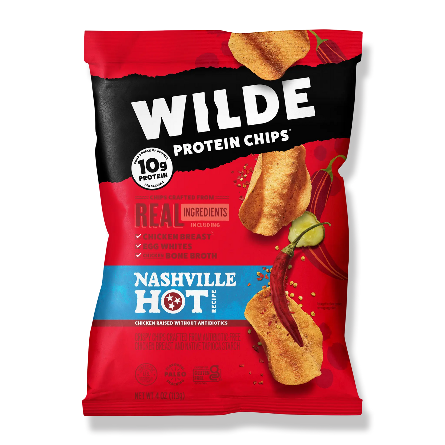 WILDE Protein Chips Nashville Hot flavor, 4oz bag, 10g protein, made with real ingredients