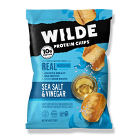 Front of Wilde Protein Chips bag, Sea Salt and Vinegar flavor emphasizing 10g protein and real ingredients. 